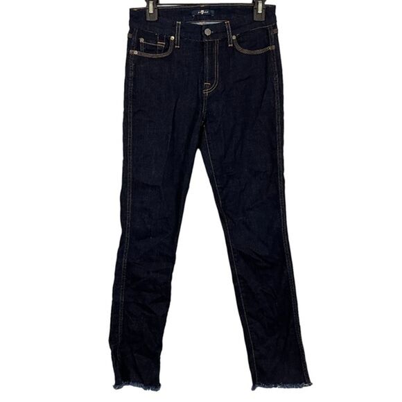 7 SEVEN FOR ALL MANKIND Dark Wash Raw Hem Slim Straight Zip Fly Stretch Jeans 26 - Picture 1 of 16